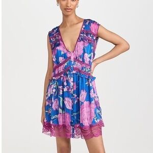 Free People Spring Fling Mini Dress Ultra Violet Combo Floral Lace‎ Trim Small